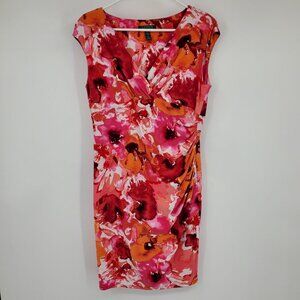 Lauren Ralph Lauren Pink and Orange Floral Cap Sleeve Ruched Side Dress 14 Petit